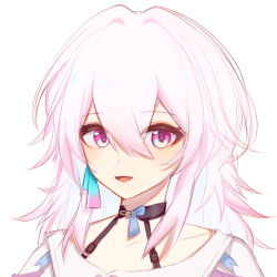  1girl :d absurdres chinese_commentary collarbone commentary_request eyes_visible_through_hair hair_between_eyes halterneck highres honkai:_star_rail honkai_(series) long_hair looking_at_viewer march_7th_(honkai:_star_rail) open_mouth pink_eyes pink_hair simple_background smile solo tartaliwansui upper_body white_background 