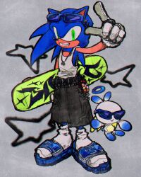  1boy alternate_costume amenoichi animal_ears animal_nose belt black_shorts blue-framed_eyewear blue_footwear chao_(sonic) character_charm charm_(object) eyewear_on_head full_body furry furry_male gloves green_eyes grey_background grin hand_up hashtag-only_commentary hero_chao highres holding holding_skateboard jewelry looking_at_viewer male_focus necklace ring sandals shadow_the_hedgehog shorts simple_background skateboard smile socks solo sonic_(series) sonic_the_hedgehog standing streetwear sunglasses tank_top white_gloves white_socks white_tank_top 