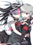  2girls absurdres bangs black_hair black_sailor_collar black_skirt blue_hair braid danganronpa_(series) danganronpa_2:_goodbye_despair eyebrows_visible_through_hair glasses grey_hair grey_skirt hair_horns hair_ribbon highres jab_(jabducklife) long_hair looking_at_viewer mioda_ibuki multicolored_hair multiple_girls neckerchief one_eye_closed open_mouth pekoyama_peko piercing pink_eyes pink_hair pleated_skirt red_armband red_eyes red_neckerchief ribbon sailor_collar school_uniform serafuku shiny shiny_hair shirt short_sleeves skirt smile sweatdrop tongue tongue_out white_hair white_ribbon white_shirt 