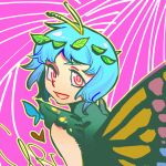  1girl antennae aqua_hair butterfly_wings dress eternity_larva fairy gretia heart leaf leaf_on_head looking_at_viewer looking_back multicolored_clothes multicolored_dress open_mouth orange_eyes short_hair short_sleeves sketch smile solo symbol-only_commentary touhou upper_body wings 
