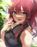  1girl :d absurdres blurry blurry_foreground earrings highres ichinose_shiki idolmaster idolmaster_cinderella_girls jewelry kakaobataa looking_at_viewer outdoors ponytail redhead see-through see-through_shirt shirt sleeveless sleeveless_shirt smile solo sunlight upper_body wavy_hair 