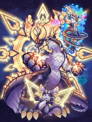  1boy artist_logo chronos_nyx claws cygames dazuresky dragalia_lost dragon dragon_boy dragon_horns dragon_tail english_commentary furry furry_male highres horns male_focus multiple_forms multiple_wings nintendo portal_(object) space star_(sky) tail wings 