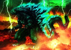  bioluminescence claws full_body giant giant_monster glowing godzilla godzilla_(series) gotou_masayuki highres kaiju lightning long_tail monster no_humans redesign reptilian sharp_teeth solo spines standing tail teeth 