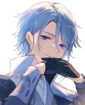  1boy armor bangs black_gloves blue_hair closed_mouth genshin_impact gloves hair_between_eyes highres japanese_armor japanese_clothes kamisato_ayato long_sleeves looking_at_viewer male_focus mskmmti portrait simple_background solo upper_body violet_eyes white_background 