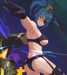  armpits ass bare_shoulders beret blue_eyes blue_hair breasts clenched_hand eyepatch godsh0t hat holster jacket leona_heidern looking_at_viewer ponytail snk_heroines:_tag_team_frenzy sweat sweatdrop the_king_of_fighters thong throwing twisted_torso under_boob 