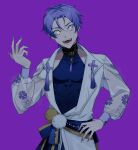  1boy abs absurdres fangs floral_print hand_on_hip heterochromia highres kuya_(nu_carnival) long_sleeves looking_at_viewer male_focus nail_polish nu_carnival open_mouth purple_background purple_hair purple_nails short_hair slit_pupils tassel violet_eyes xianliang_ban yellow_eyes 