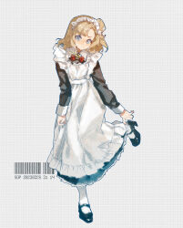  1girl adjusting_clothes adjusting_footwear adjusting_shoe apron barcode black_dress black_footwear blonde_hair blue_eyes bow bowtie closed_mouth dot_mouth dress frilled_apron frills full_body grey_background grid_background highres leg_up long_dress long_sleeves looking_at_viewer maid maid_headdress mary_janes matilda_bouanich medium_hair one_side_up red_bow red_bowtie reverse:1999 shoes solo sop_side_j standing standing_on_one_leg traditional_bowtie v-shaped_eyebrows white_apron 