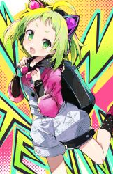  1girl :d ahoge animal_ear_headphones animal_ears antenna_(dohna_dohna) backpack bag blush cat_ears commentary cowboy_shot dohna_dohna_issho_ni_warui_koto_o_shiyou fake_animal_ears fang floating_hair green_eyes green_hair hands_up happy headphones highres hood hood_down hoodie long_sleeves looking_at_viewer open_mouth overalls parted_bangs pink_hoodie polka_dot polka_dot_background pom_pom_(clothes) puffy_long_sleeves puffy_sleeves short_eyebrows short_hair simple_background smile solo standing standing_on_one_leg takepoison tareme thick_eyebrows v-shaped_eyebrows white_overalls 