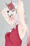  1girl absurdres armpits blush breasts hannya highres hololive horns long_hair mask multicolored_hair nakiri_ayame oni oni_horns presenting_armpit profile red_eyes redhead simple_background sleeveless small_breasts solo sweat upper_body uria123456789 virtual_youtuber white_hair 