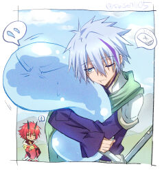  2boys =_= akatsuki_(ggsy7885) armor artist_name benimaru_(tensura) black_horns blue_sky border brown_coat cape closed_eyes clouds cloudy_sky coat commentary_request creature crossed_arms day dino_(tensura) flying_sweatdrops frown green_cape highres holding holding_creature horns hugging_creature jacket long_sleeves male_focus messy_hair multicolored_coat multicolored_hair multiple_boys oni outdoors outside_border pauldrons pillow purple_hair purple_jacket red_coat red_hair rimuru_tempest_(slime) short_hair shoulder_armor signature sky slime_(creature) solo_focus speech_bubble spoken_flying_sweatdrops spoken_object spoken_sweatdrop streaked_hair sweatdrop tensei_shitara_slime_datta_ken twitter_username two-tone_hair v-shaped_eyebrows white_armor white_border white_coat white_hair 
