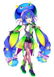  &gt;:) ahoge ankle_boots bare_shoulders belt blue_eyes blue_hair boots bow bracelet buttons chain child eyeshadow facepaint fishnet_sleeves fishnets gradient_hair green_eyeshadow green_highlights green_necktie hair_between_eyes hair_bow hair_ornament hand_on_own_chest hat hat_ribbon highres horns instrument jewelry kurisu_sai lightning_bolt_symbol long_hair looking_at_viewer low-tied_long_hair makeup multicolored_hair multiple_bracelets multiple_hair_bows musical_note nail_polish navel necktie non-web_source official_art otomachi_una otomachi_una_(spicy) outstretched_arm pantyhose piano purple_stripes ribbon see-through see-through_skirt shirt short_shorts shorts shoulder_strap sidelocks skirt sleeveless sleeveless_shirt solo star_(symbol) strap torn_clothes torn_pantyhose transparent two-tone_shirt v-shaped_eyebrows violet_eyes vocaloid zipper 