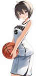  1girl ahoge ball bangs bare_arms bare_shoulders basketball basketball_jersey black_hair breasts eyebrows_visible_through_hair hair_between_eyes highres holding holding_ball looking_at_viewer medium_breasts original parted_lips short_hair shorts simple_background solo tapioka_(oekakitapioka) violet_eyes white_background white_shorts 