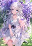  1girl absurdres blue_eyes blush breasts collarbone dress ender_lilies_quietus_of_the_knights flower gem grass highres lavender_(flower) leaf lily_(ender_lilies) long_hair looking_at_viewer open_mouth ranchan12 ribbon shadow small_breasts very_long_hair white_dress white_hair 
