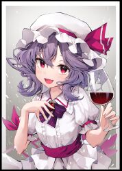  1girl alcohol black_border blush border bow bowtie brooch center_frills commentary_request cup dress drinking_glass fang frills grey_background hand_on_own_chest hat hat_ribbon highres hira-san holding holding_cup jewelry looking_at_viewer mob_cap open_mouth puffy_sleeves purple_bow purple_bowtie purple_hair red_bow red_eyes remilia_scarlet ribbon short_sleeves simple_background skin_fang slit_pupils smile solo touhou waist_bow white_hat wine wine_glass 