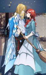  1boy 1girl absurdres anger_vein apron aqua_dress belt black_pants blonde_hair broom checkered_clothes checkered_jacket choroi_amachori collared_shirt dress earrings hair_between_eyes highres holding holding_broom howl&#039;s_moving_castle_(novel) jacket jacket_on_shoulders jewelry long_dress long_hair low_twintails pants red_belt redhead shirt sleeves_rolled_up sophie_hatter straight_hair twintails waist_apron wavy_hair white_apron white_shirt wizard_howl 