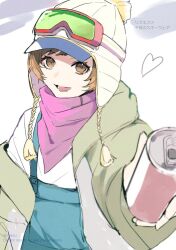  bandana beanie blue_overalls bob_cut brown_hair can coat earflap_beanie english_text goggles goggles_on_headwear green_coat hat heart holding holding_can konbanha06 looking_at_viewer neckerchief official_alternate_costume open_mouth overalls persona persona_4 perspective pink_bandana pink_neckerchief pom_pom_(clothes) pom_pom_beanie satonaka_chie short_hair ski_goggles smile twitter_username winter_clothes winter_coat 