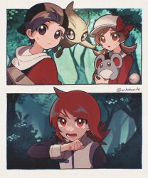  1girl 2boys backwards_hat baseball_cap black_eyes black_hair black_hat bow brown_eyes brown_hair cabbie_hat celebi clenched_hand closed_mouth commentary cowlick crying crying_with_eyes_open ethan_(pokemon) flying forest grey_jacket hat hat_bow highres holding holding_pokemon hood hood_down hooded_jacket jacket long_sleeves lyra_(pokemon) marill medium_hair mikakami1e multiple_boys nature open_mouth outdoors pokemon pokemon_(creature) pokemon_hgss red_bow red_eyes red_jacket red_shirt redhead shirt silver_(pokemon) sweatdrop tears tree twintails twitter_username white_hat 