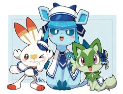  blush fang glaceon glaceon_(summer_sailor) hat hinako_iroiro necktie no_humans one_eye_closed pokemon pokemon_(creature) pokemon_cafe_remix sailor_collar sailor_hat scorbunny sitting smile sprigatito standing 