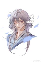  1boy absurdres becoming_a_god_in_the_zerg_world_by_livestreaming_bl_novels bug butterfly chinese_clothes earrings falling_petals grey_hair hair_between_eyes hanfu highres jewelry long_hair looking_at_viewer male_focus petals shi_cunjin solo weibo_7407886904 white_eyes white_hair 