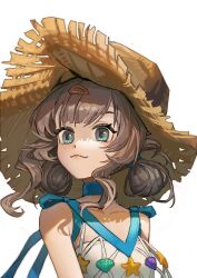  1girl :3 absurdres bare_shoulders blue_choker blue_eyes brown_hair choker dress fishnet_dress hat highres looking_at_viewer marcus_(reverse:1999) medium_hair official_alternate_costume qingyi_jiang reverse:1999 shell sleeveless sleeveless_dress solo starfish strapless straw_hat tube_top upper_body very_low_bun white_background white_tube_top 