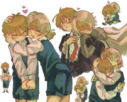  1boy 1girl black_suit blonde_hair closed_eyes couple heart hetero highres hug hug_from_behind kromer_(project_moon) limbus_company multicolored_hair necktie project_moon red_necktie school_uniform shirt short_hair shorts simple_background sinclair_(project_moon) suit suspenders ufojellies white_background white_hair white_shirt 