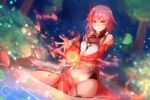  1girl absurdres asymmetrical_gloves bangs bare_shoulders brown_gloves china_dress chinese_clothes closed_mouth dress fire fu_hua fu_hua_(phoenix) full_body gloves hair_ornament highres honkai_(series) honkai_impact_3rd jskoyona long_hair mismatched_gloves night night_sky outdoors red_eyes red_gloves sitting sky sleeveless sleeveless_dress solo tree wariza water white_dress white_hair 