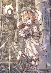  1girl arm_up bare_shoulders black_gloves blonde_hair braid buttons collared_dress d: double-parted_bangs dress factory gloves hair_between_eyes hat headset highres index_finger_raised leg_up mamesan0031 mechanical_legs nurse nurse_cap nurse_robot_type_t open_mouth red_eyes running sleeveless sleeveless_dress solo tank_(container) two-tone_gloves utau white_dress white_gloves white_hat 