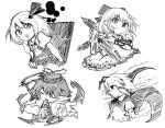 4girls antennae ascot bangs bow cape cirno closed_mouth collared_shirt fingernails greyscale hair_bow hair_ribbon hand_on_own_chest hat highres ice juliet_sleeves long_fingernails long_sleeves looking_at_another mob_cap monochrome multiple_girls music mystia_lorelei open_mouth outstretched_hand puffy_short_sleeves puffy_sleeves ribbon rumia s_mika2000 shirt short_hair short_sleeves simple_background singing sketch smile team_9 tomboy touhou upper_body v-shaped_eyebrows vest white_background winged_hat wings wriggle_nightbug 