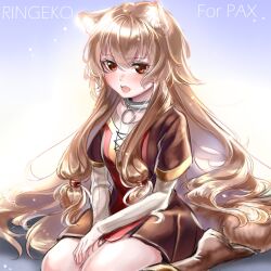  1girl animal_ears artist_name black_dress blue_background blush boots brown_eyes brown_footwear brown_hair collar commentary dress english_commentary full_body gradient_background hair_between_eyes highres layered_dress long_hair long_sleeves looking_at_viewer metal_collar multicolored_clothes multicolored_dress open_mouth raccoon_ears raccoon_girl raccoon_tail raphtalia red_dress ringeko-chan short_sleeves sitting solo tail tate_no_yuusha_no_nariagari very_long_hair wariza white_background white_dress yellow_dress 