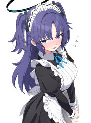  1girl absurdres alternate_costume apron black_dress black_halo blue_archive blue_eyes blue_hair blush commentary_request dress flying_sweatdrops halo highres hiroikara_(smhong04) juliet_sleeves long_hair long_sleeves looking_at_viewer maid maid_apron open_mouth puffy_sleeves simple_background solo triangle_hair_ornament two_side_up white_apron white_background yuuka_(blue_archive) 