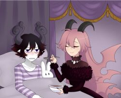  1boy 1girl black_dress demon_girl demon_horns dress funamusea gallaxi horns husband_and_wife lil_(funamusea) long_hair pink_hair satanick_(funamusea) sick 