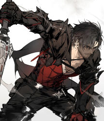  1boy beard_stubble belt black_cape black_hair cape chinstrap_beard clive_rosfield facial_hair final_fantasy final_fantasy_xvi gyulseu highres holding holding_sword holding_weapon leather_vest male_focus mustache_stubble scar scar_on_face short_hair solo stubble sword tied_drawstring weapon 