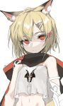  1girl animal_ear_fluff animal_ears arknights bangs bare_shoulders blonde_hair cloak closed_mouth crop_top fox_ears fox_girl hair_ornament hairclip jewelry necklace orange_eyes oripathy_lesion_(arknights) short_hair signal_1120 solo strapless tube_top vermeil_(arknights) 