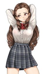  1girl arms_behind_head arms_up averting_eyes blush bow bowtie braid braided_bangs breasts brown_hair commentary_request cowboy_shot forehead gatsby_ssl grey_skirt highres idolmaster idolmaster_cinderella_girls long_hair medium_breasts plaid_clothes plaid_skirt pleated_skirt red_bow red_bowtie seki_hiromi shirt shirt_tucked_in simple_background skirt solo very_long_hair white_background white_shirt 