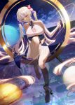  1girl absurdly_long_hair absurdres anklet bangs bare_legs bare_shoulders barefoot binishu blue_ribbon blue_skirt breasts clouds elbow_gloves full_body gloves hair_ornament halterneck high-waist_skirt highres hololive hololive_english huge_breasts jewelry kaniko_(tsukumo_sana) long_hair looking_away neck_ribbon o-ring o-ring_top parted_lips planet ribbon shirt sideboob sitting skirt smile soaking_feet solo tsukumo_sana twintails very_long_hair virtual_youtuber water wet white_gloves white_shirt yellow_eyes 