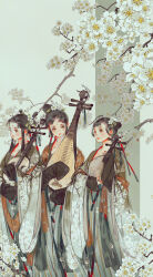  3girls black_hair branch cherry_blossoms chinese_clothes facial_mark flower forehead_mark green_hanfu grey_background hair_bun hair_flower hair_ornament hair_rings hanfu huadian ibuki_satsuki instrument_request multiple_girls original qixiong_ruqun red_lips red_nails white_flower yaopei 