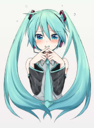  1girl arm_tattoo black_sleeves blue_eyes blue_hair blue_nails blue_necktie blush closed_mouth collared_shirt cropped_torso detached_sleeves grey_shirt hair_between_eyes hatsune_miku headphones headset long_hair long_sleeves looking_at_viewer microphone nail_polish necktie shirt simple_background sleeveless sleeveless_shirt solo sudachi_(calendar) sweatdrop tattoo twintails upper_body very_long_hair vocaloid white_background wing_collar 