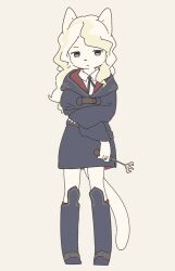  1girl animal_ears animification boots cat_ears cat_girl cat_tail commentary cosplay diana_cavendish diana_cavendish_(cosplay) expressionless furry furry_female holding holding_wand hood hood_down knee_boots little_witch_academia long_hair looking_at_viewer luna_nova_school_uniform purple_footwear purple_robe robe school_uniform simple_background solo tail wand white_background white_fur witch yagi_(s1120411) 