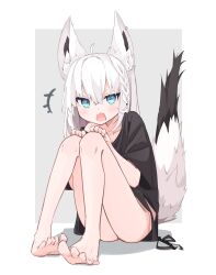  1girl absurdres ahoge animal_ear_fluff animal_ear_piercing animal_ears aqua_eyes barefoot black_shirt black_tail braid clenched_hands crossed_bangs double-parted_bangs earrings extra_ears fangs fox_ears fox_girl fox_tail full_body hands_on_own_knees highres hololive jewelry long_hair looking_at_viewer loungewear multicolored_tail official_alternate_costume open_mouth shirakami_fubuki shirakami_fubuki_(loungewear) shirt side-tie_shirt side_braid sidelocks simple_background single_braid single_earring single_off_shoulder sitting solo tail tensann3 thighs two-tone_tail virtual_youtuber white_background white_hair white_tail 