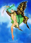  1girl antennae aqua_hair barefoot brown_eyes butterfly_wings dress eternity_larva eyebrows_visible_through_hair fairy full_body green_dress hair_between_eyes konabetate leaf leaf_on_head multicolored_clothes multicolored_dress open_mouth short_hair short_sleeves solo touhou wings 