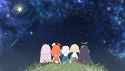  5girls back blonde_hair chef_hat colored_tips commentary english_commentary fins fish_tail from_behind gawr_gura gawr_gura_(1st_costume) glowing halo hat highres hololive hololive_english holomyth long_hair mini_hat mori_calliope mori_calliope_(1st_costume) multicolored_hair multiple_girls night night_sky ninomae_ina&#039;nis ninomae_ina&#039;nis_(1st_costume) on_grass orange_hair orange_hat pink_hair purple_hair see-through see-through_veil shark_girl shark_tail short_hair side-by-side sitting sky star_(sky) starry_sky straight_hair tail takanashi_kiara takanashi_kiara_(1st_costume) takeru_(hashiru11275) traditional_halo two_side_up veil virtual_youtuber watson_amelia watson_amelia_(1st_costume) white_hair white_hat yellow_halo 