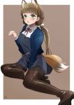 1girl :o animal_ears bangs black_legwear blue_jacket blunt_bangs blush boots border bow braid brown_background brown_footwear brown_hair collared_shirt commentary dress eyebrows_visible_through_hair fox_ears fox_tail french_braid green_eyes grey_dress hair_bow hand_up highres jacket kemonomimi_mode long_hair looking_at_viewer love_live! love_live!_superstar!! low_twintails open_mouth outside_border paw_pose pinafore_dress pukonuu sakurakouji_kinako school_uniform shirt short_dress shrug_(clothing) signature simple_background sitting solo string_tie tail thigh-highs thigh_boots twintails white_border white_bow white_shirt winter_uniform yokozuwari yuigaoka_school_uniform 