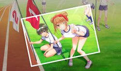  2girls 3others beads blue_shorts blush brown_eyes brown_hair cinderella_series clenched_teeth collarbone crossed_bangs double_bun flag game_cg green_hair grin gym_shirt gym_shorts gym_uniform hachigatsu_no_cinderella_nine hachimaki hair_beads hair_bun hair_ornament hairclip headband highres holding holding_flag leaning_forward light_rays looking_at_another looking_at_viewer multiple_girls multiple_others nitta_minako non-web_source official_art on_grass on_one_knee one_eye_closed outdoors red_ribbon ribbon shirt short_hair short_sleeves shorts smile solo_focus standing sunbeam sunlight taketomi_aya teeth violet_eyes white_ribbon white_shirt white_sneakers 