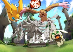  blue_eyes body_fur brown_fur cherubimon cherubimon_(virtue) digimon digimon_(creature) dog evolutionary_line grass green_eyes group_picture head_wings horns lopmon midair ofanimon one_eye_closed orange_fur patamon plotmon riza23 ruins seraphimon statue wings 