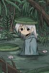  1girl absurdres brown_eyes flower highres jungle kishimen_udn lily_pad lily_pad_on_head long_hair nature original outdoors partially_submerged solo tree wading water white_hair 