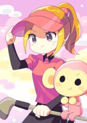  &gt;:) 1girl absurdres animal black_eyes black_skirt black_sleeves blush clouds golf golf_club golfer_(rhythm_tengoku) hat highres holding holding_golf_club holding_hat holding_unworn_clothes looking_ahead minna_no_rhythm_tengoku monkey_(rhythm_tengoku) offbeat orange_hair pink_shirt pink_sky ponytail rhythm_tengoku shirt sitting skirt sky smile sweatdrop v-shaped_eyebrows visor_cap 