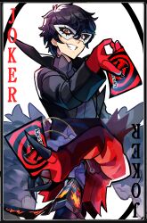  1boy absurdres amamiya_ren arsene_(persona_5) ascot black_hair black_jacket calling_card card coat gloves grin hair_between_eyes hat high_collar highres holding holding_card jacket joker_(playing_card) long_sleeves looking_at_viewer male_focus mask persona persona_5 playing_card red_eyes red_gloves short_hair simple_background smile spyg top_hat wings 