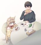 1boy 1girl 40hara animal_ear_fluff animal_ears black_hair cat_ears cat_girl cat_tail chair coffee_mug collar commentary_request cup eating egg_(food) eyebrows_visible_through_hair food fork green_eyes holding holding_food holding_spoon indoors kinako_(40hara) mug off_shoulder original oversized_clothes oversized_shirt plate sausage shirt short_hair smile spoon table tail tissue_box toast yellow_shirt yellow_sweater yellow_t-shirt
