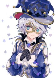  1boy argyle_clothes argyle_vest artist_name bell black_gloves blue_eyes blue_hat blue_mask blue_sleeves blue_vest closed_mouth club_(shape) collared_shirt cropped_torso diamond_(shape) eric_knikki flower flower_ornament frilled_sleeves frills gloves gold_mask grey_hair hands_up hat heart identity_v jester_cap jingle_bell long_sleeves looking_at_viewer male_focus mask multicolored_mask own_hands_clasped own_hands_together purple_flower purple_rose rose shirt short_hair simple_background smile solo spade_(shape) sparkle top_hat twitter_username two-tone_eyes vest victor_grantz white_background white_mask white_shirt wing_collar yellow_eyes 