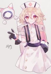  1girl black_gloves blonde_hair braid buttons closed_mouth collared_dress dress gloves hair_between_eyes hat headset highres nurse nurse_cap nurse_robot_type_t red_eyes short_hair side_braids simple_background smile solo sushiuma_m tank_(container) two-tone_gloves utau white_background white_dress white_gloves white_hat 